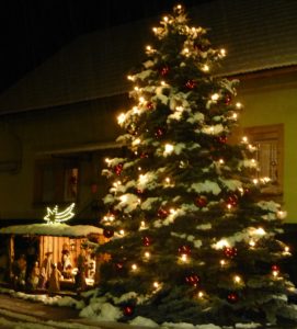 tannenbaum mit schnee und krippe forststraße